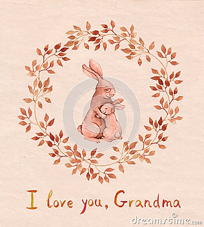 Grandparents day vintage greeting card. Grandmother rabbit embrace kid. Watercolor Stock Photo