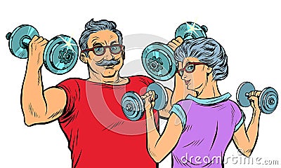 Grandparents do sports, fitness dumbbells Vector Illustration