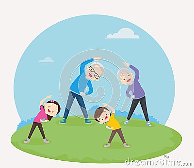 Grandparents doing exercises with grandchildren Vector Illustration