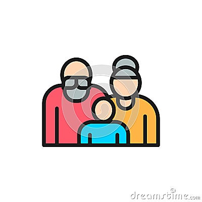 Grandparents with grandchild, couple of pensioners, seniors flat color line icon Vector Illustration