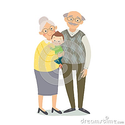 Grandparents with grandchild. Grandmother, grandfother and little grandson. Cartoon vector hand drawn eps 10 childrens Vector Illustration