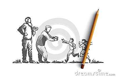 Grandparents, grandchildren, family, generation concept. Hand drawn isolated vector. Vector Illustration