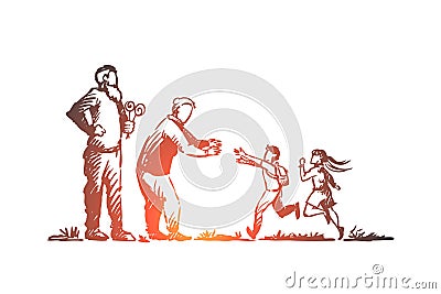 Grandparents, grandchildren, family, generation concept. Hand drawn isolated vector. Vector Illustration