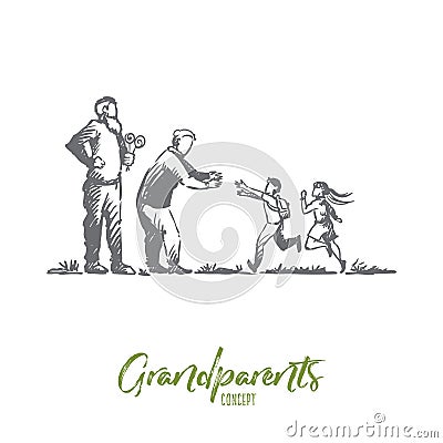 Grandparents, grandchildren, family, generation concept. Hand drawn isolated vector. Vector Illustration