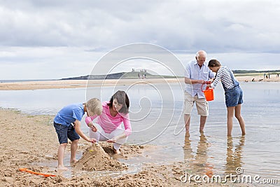 Grandparents and grandchildren playing at the beach Stock Photo