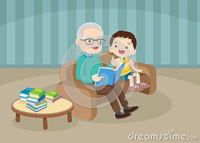 Grandparents with grandchildren reading on sofa Vector Illustration
