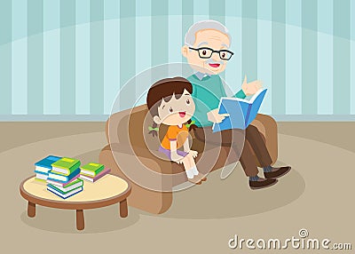 Grandparents with grandchildren reading on sofa Vector Illustration