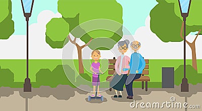 Grandparents grandchildren riding gyroscooter, full length avatar over city park wooden bench street lamp green lawn Vector Illustration