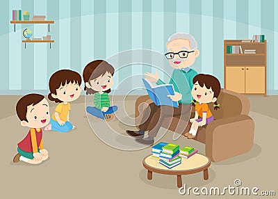 Grandparents with grandchildrens reading on sofa Vector Illustration