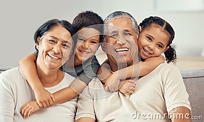 Grandparents, grandkids and hug portrait of family relax, love and care on lounge sofa at home. Smile, play and happy Stock Photo