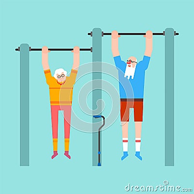 Grandparents on horizontal bar. Pull up Grandmother and grandfather street workout. Old man Sport. Fitness for seniors Vector Illustration