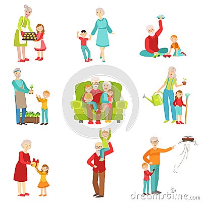 Grandparents And Kids Having Fun Together Set Of Illustrations Vector Illustration