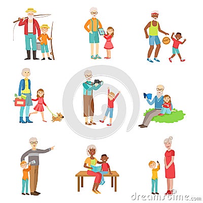 Grandparents And Kids Spending Time Together Set Of Illustrations Vector Illustration