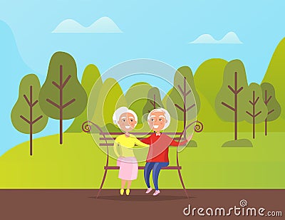 Grandparents People Sitting on Bench in Green Park Vector Illustration