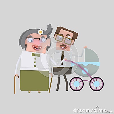 Grandparents and perambulator 3D Cartoon Illustration