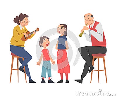 Grandparents Playing Musical Instruments to their Grandchildren and Singing, Grandpa and Grandma Spending Good Time with Vector Illustration