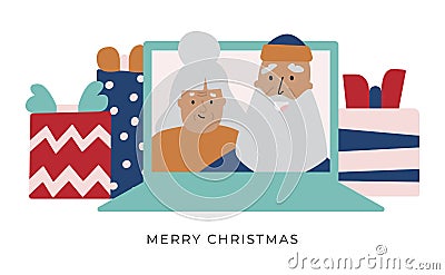 Grandparents on remote video call on Christmas. Vector Illustration