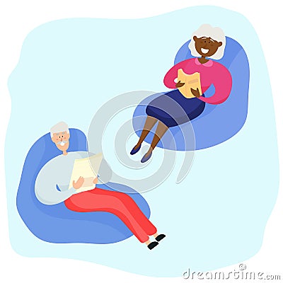 Grandparents are sitting in armchairs and reading. Family vacation of a black elderly couple. Vector Illustration