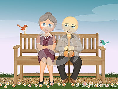 Grandparents sitting on the bench Stock Photo