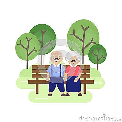 Grandparents are sitting on a bench in the park. Stock Photo