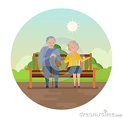 Grandparents are sitting on bench in park, smiling and speaking. Vector Illustration