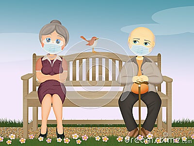 Grandparents sitting on bench with surgical mask Stock Photo