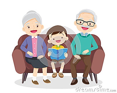 grandparents sitting listening to grandchildren read book 2 Vector Illustration