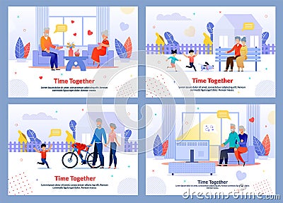 Grandparents Spend Time Along and with Kids Set Vector Illustration