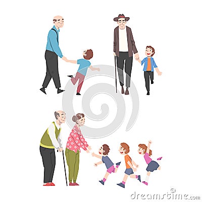 Grandparents Spending Time with Grandchildren Walking and Talking Vector Set Vector Illustration