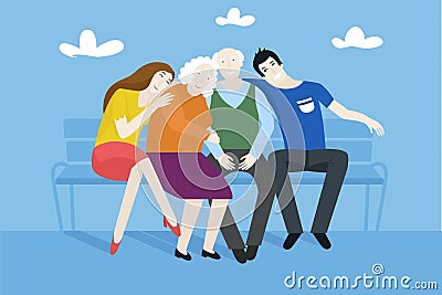 Grandparents with their grandchildren sitting on the bench - vector flat style illustration. Vector Illustration