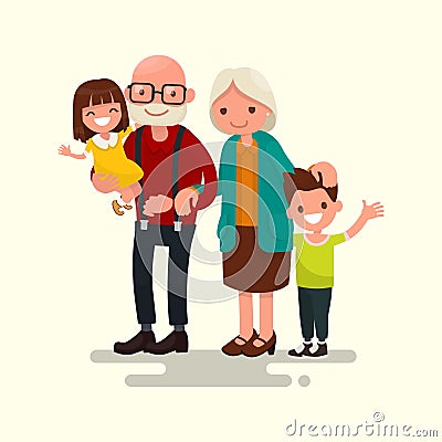 Grandparents with their grandchildren. Vector illustration Cartoon Illustration