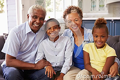 Grandparents and their young grandchildren at home, portrait Stock Photo