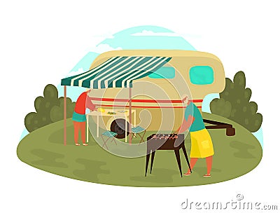 Grandparents traveling, family on picnic, woman. man on travel, happy people on vacation, design cartoon style vector Vector Illustration