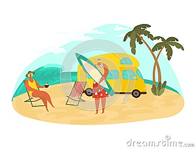 Grandparents traveling, people travel, grandfather and grandmother relax on the beach, elderly family, cartoon vector Vector Illustration