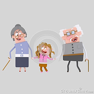 Grandparents walking with their granddaughter 3D Cartoon Illustration
