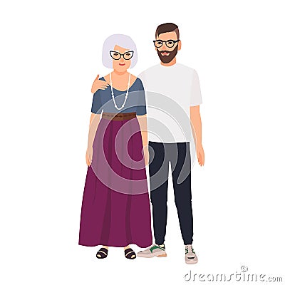 Grandson embracing his grandmother. Family portrait of old mother and adult son standing together. Adorable cartoon Vector Illustration