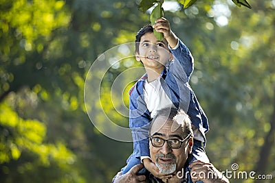 Grandson sitting on grandfather`s shoulder at park Stock Photo
