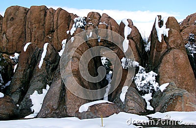 Granite Dells with Snow, Prescott AZ Stock Photo