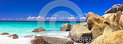 Granite rocky beaches of Seychelles, Praslin island Stock Photo