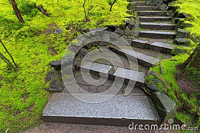 Granite Stone Steps along Green Moss Stock Photo