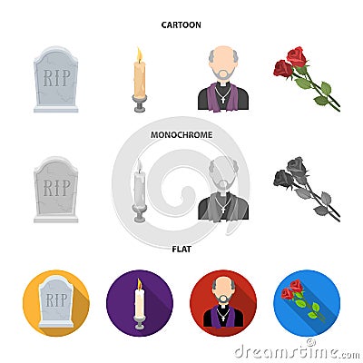 A granite tombstone with an inscription, a mourning candle, a pasteur, a priest, mourning roses. Funeral ceremony set Vector Illustration