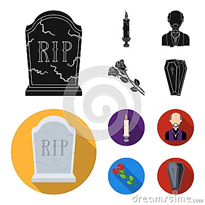 A granite tombstone with an inscription, a mourning candle, a pasteur, a priest, mourning roses. Funeral ceremony set Vector Illustration