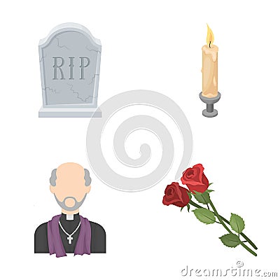 A granite tombstone with an inscription, a mourning candle, a pasteur, a priest, mourning roses. Funeral ceremony set Vector Illustration