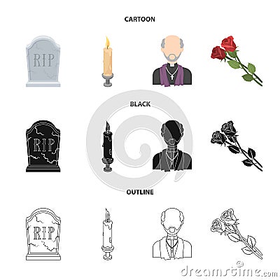 A granite tombstone with an inscription, a mourning candle, a pasteur, a priest, mourning roses. Funeral ceremony set Vector Illustration