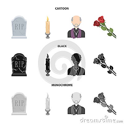 A granite tombstone with an inscription, a mourning candle, a pasteur, a priest, mourning roses. Funeral ceremony set Vector Illustration