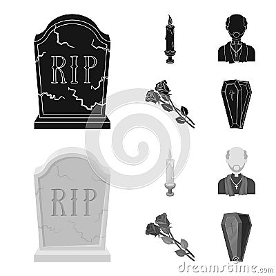 A granite tombstone with an inscription, a mourning candle, a pasteur, a priest, mourning roses. Funeral ceremony set Vector Illustration