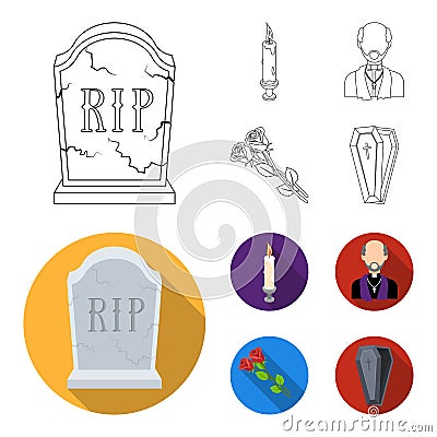 A granite tombstone with an inscription, a mourning candle, a pasteur, a priest, mourning roses. Funeral ceremony set Vector Illustration