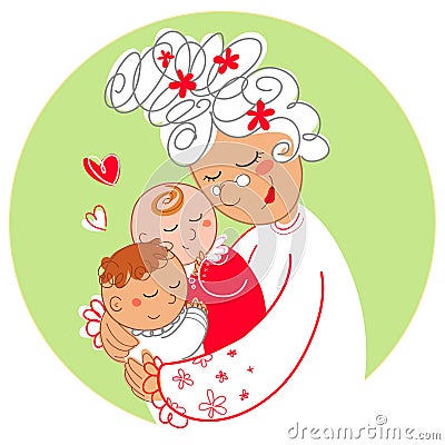 Granny with baby twins Cartoon Illustration