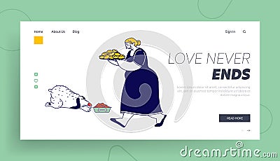 Granny Bake Patties for Family Website Landing Page. Senior Woman Carry Tray with Pile of Fresh Pies. Grandmother Vector Illustration