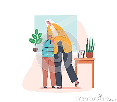 Granny Comforting Grandson, Cheerful Grandmother Hugging Little Grandson Embrace and Support. Happy Family Love Vector Illustration